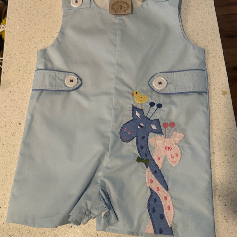 The Beaufort Bonnet Company Light Blue Giraffe Embroidered Romper